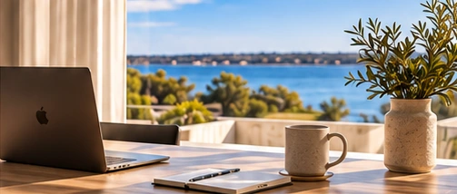 A quiet workspace overlooking the Swan River